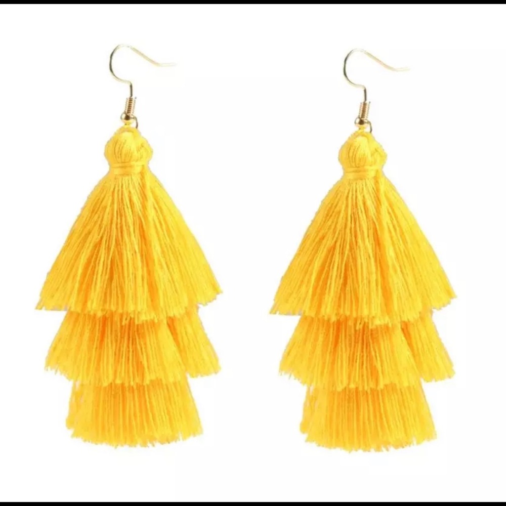 Bohemian 3- Layered Tassel Fringe Earrings- Yellow